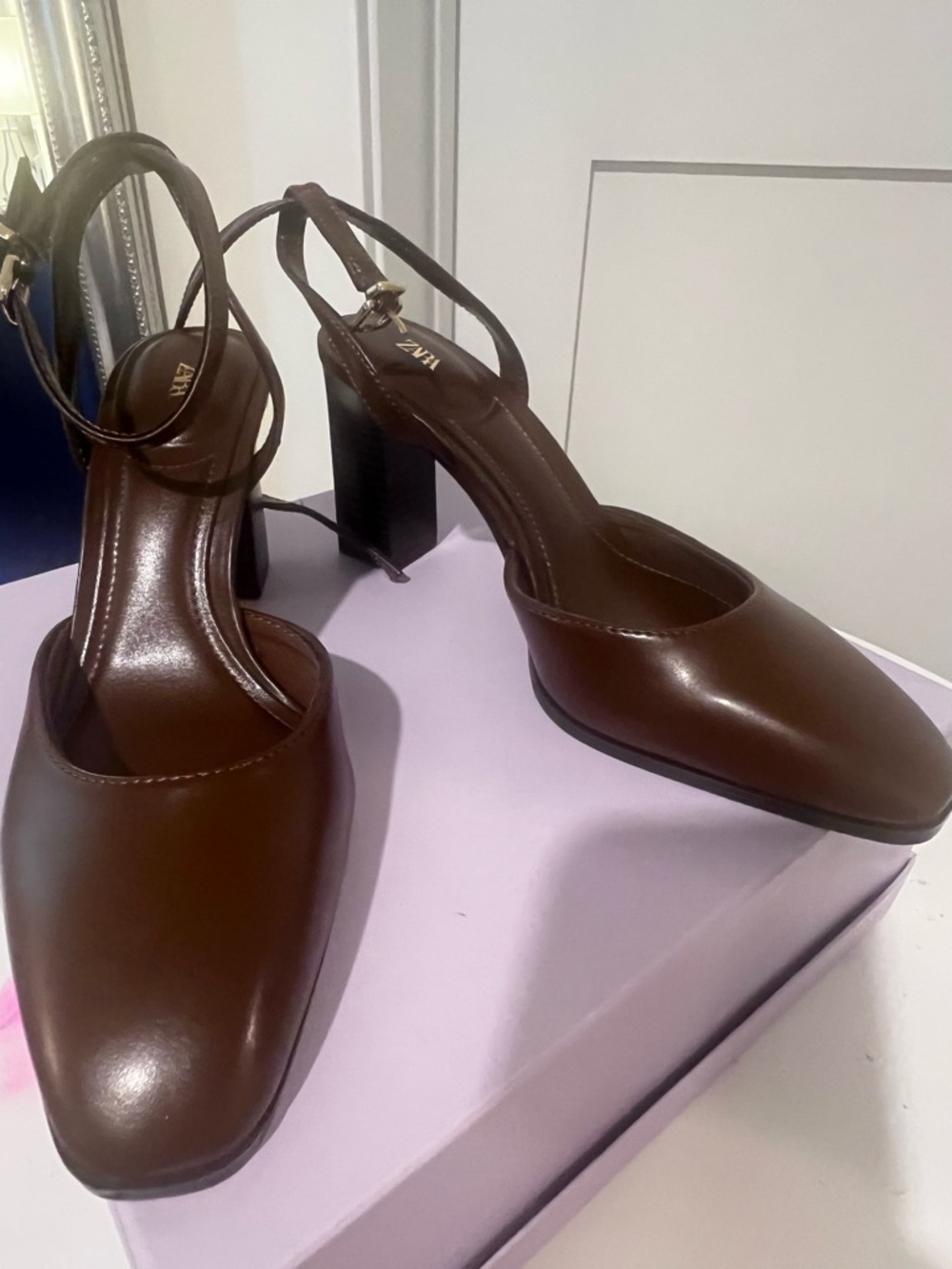 Zara Dark Brown Leather Slingback Block Heels
